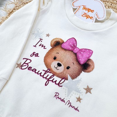 Conj. Blusa Moletom I'm So Beautiful e Calça Ursinhas - Off White Bordo